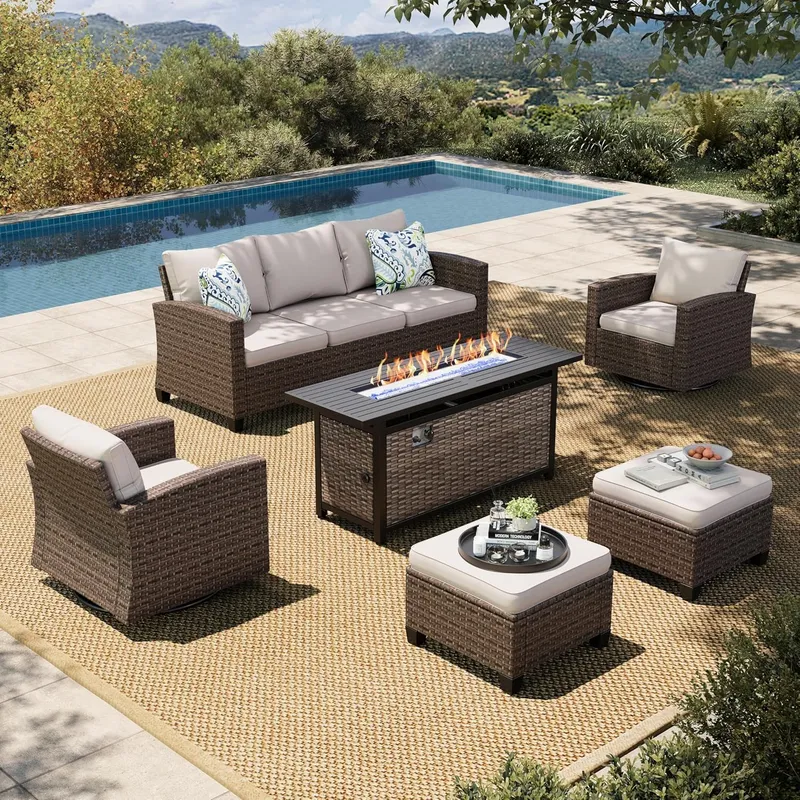 HERA’S HOUSE Swivel Glide Patio Furniture Set with 56 Inch Fire Pit Table